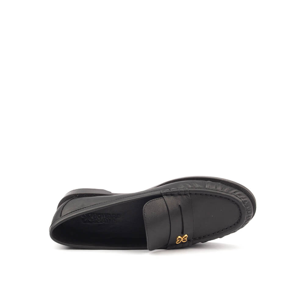 Women's Leather Penny Loafers with Gold Floral Logo Detail