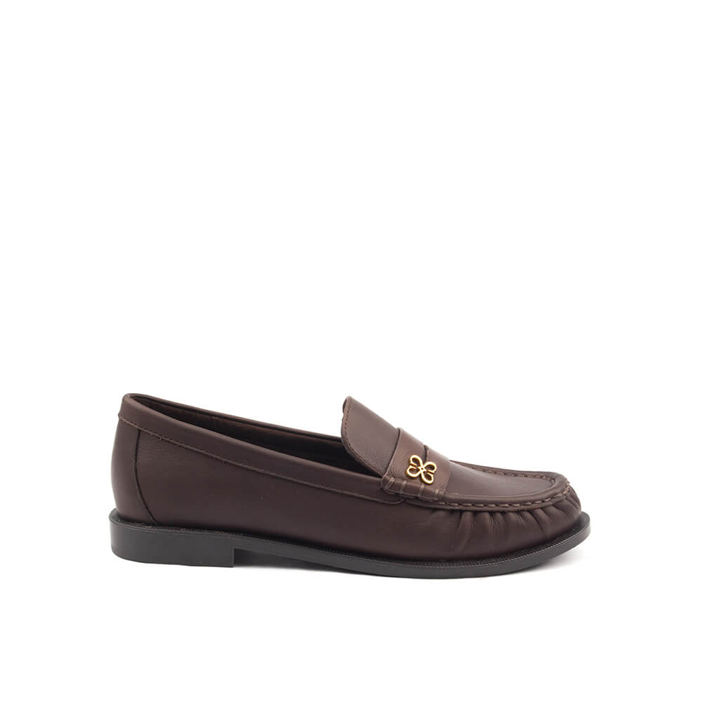 Women's Leather Penny Loafers with Gold Floral Logo Detail