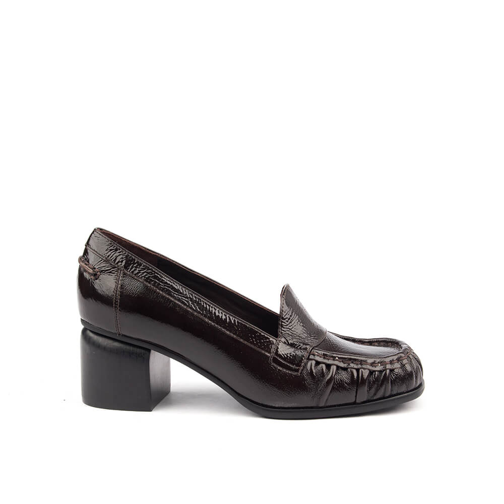 Women's Crinkled Patent Leather Block Heel Loafers with Ruched Moccasin Toe