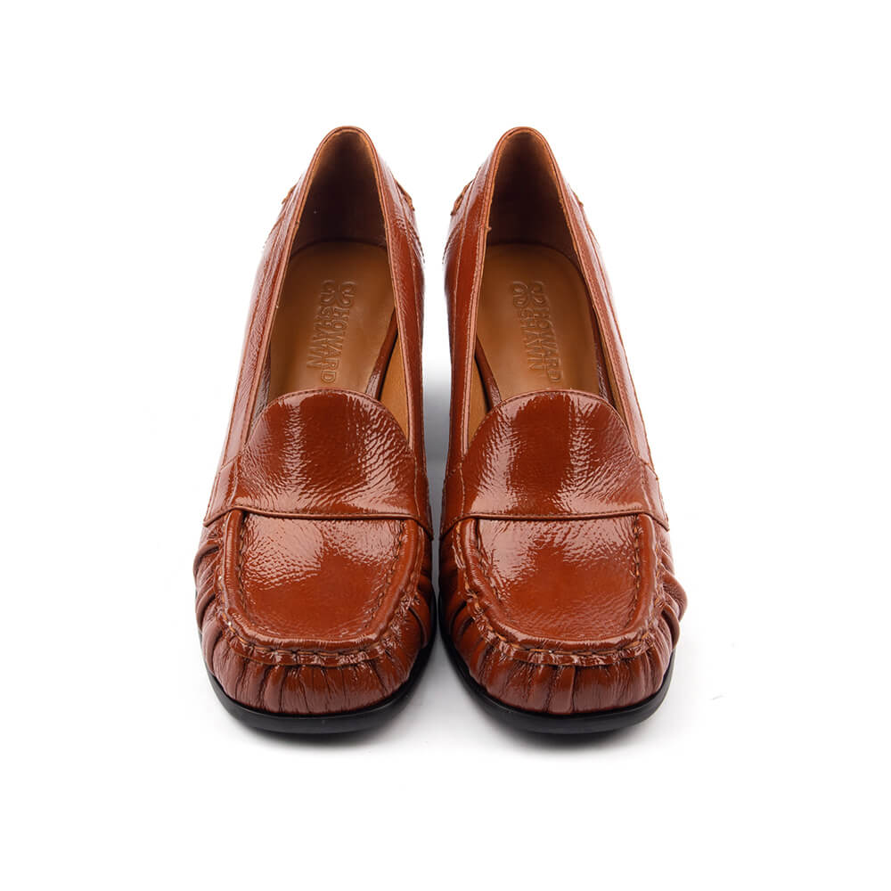 Women's Crinkled Patent Leather Block Heel Loafers with Ruched Moccasin Toe