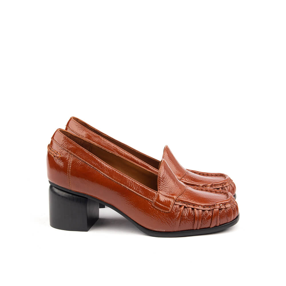 Women's Crinkled Patent Leather Block Heel Loafers with Ruched Moccasin Toe