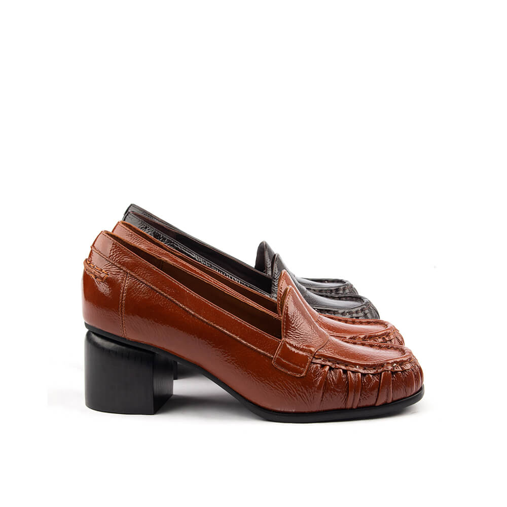 Women's Crinkled Patent Leather Block Heel Loafers with Ruched Moccasin Toe