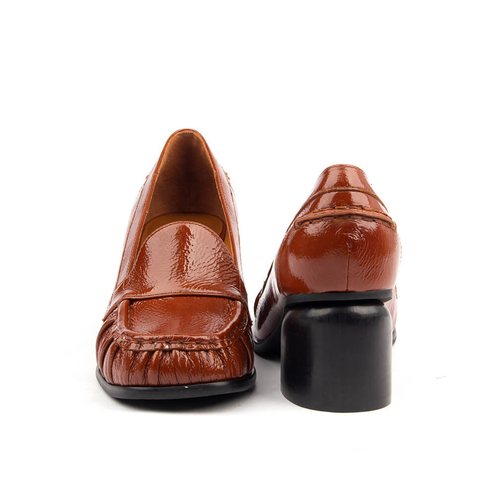Women's Crinkled Patent Leather Block Heel Loafers with Ruched Moccasin Toe