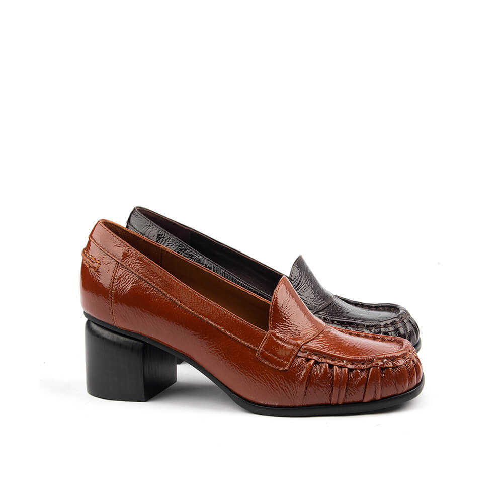 Women's Crinkled Patent Leather Block Heel Loafers with Ruched Moccasin Toe