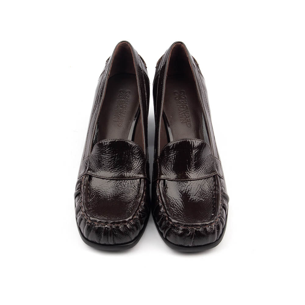 Women's Crinkled Patent Leather Block Heel Loafers with Ruched Moccasin Toe