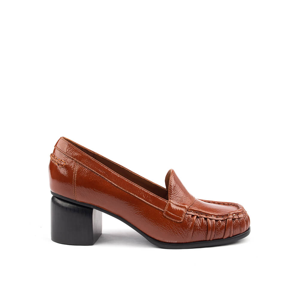 Women's Crinkled Patent Leather Block Heel Loafers with Ruched Moccasin Toe