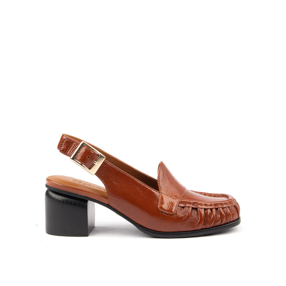 Women's Crinkled Patent Leather Slingback Loafer Heels with Gold Buckle & Block Heel