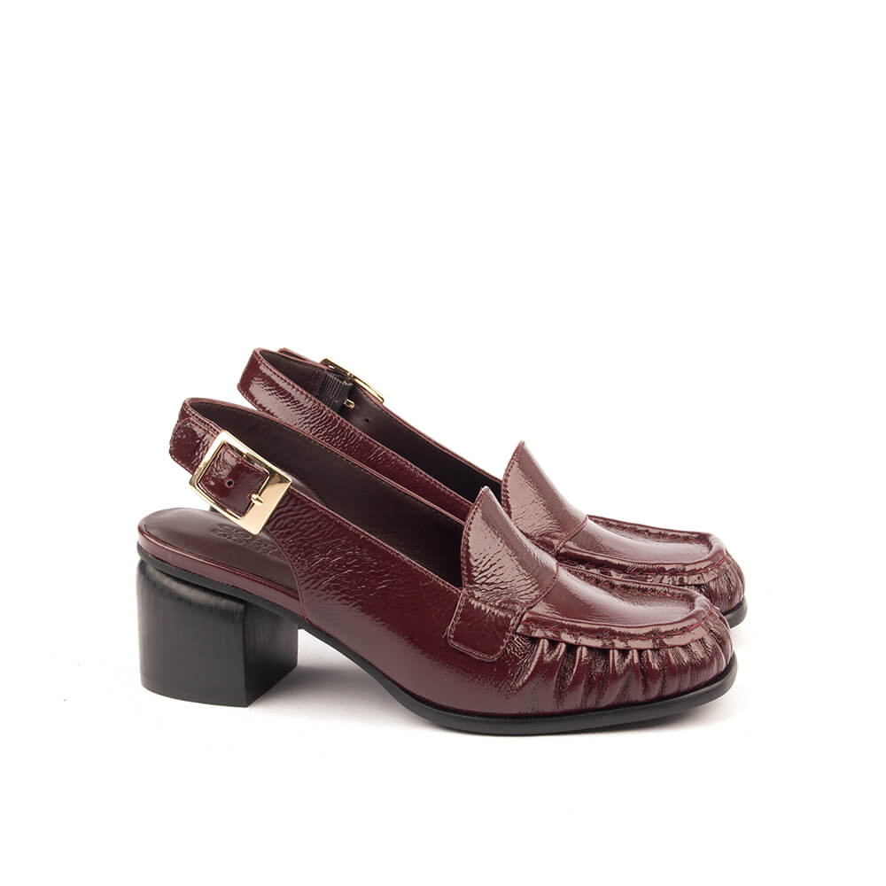 Women's Crinkled Patent Leather Slingback Loafer Heels with Gold Buckle & Block Heel
