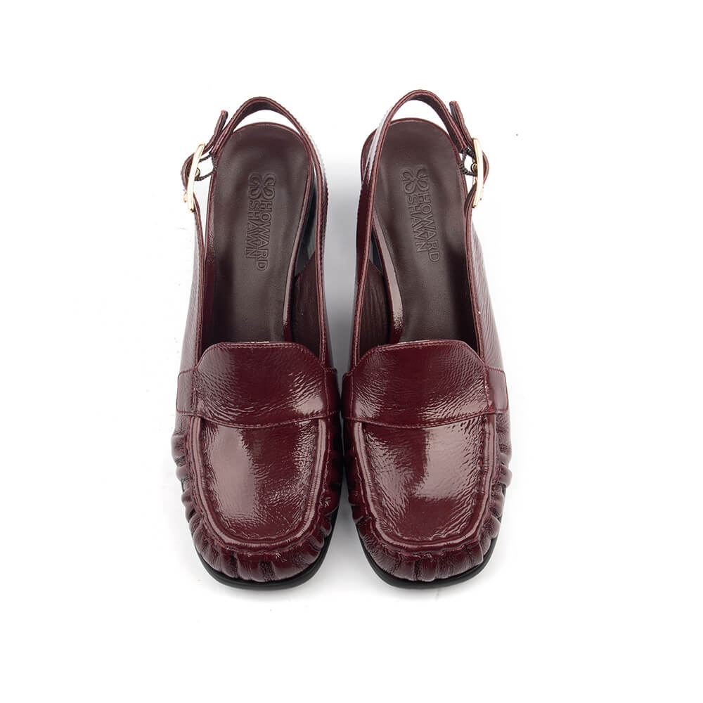 Women's Crinkled Patent Leather Slingback Loafer Heels with Gold Buckle & Block Heel