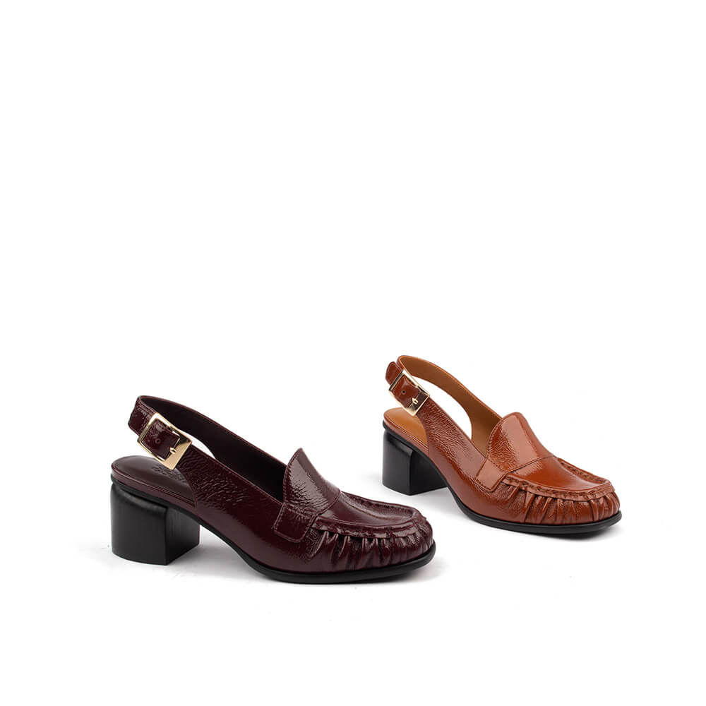 Women's Crinkled Patent Leather Slingback Loafer Heels with Gold Buckle & Block Heel