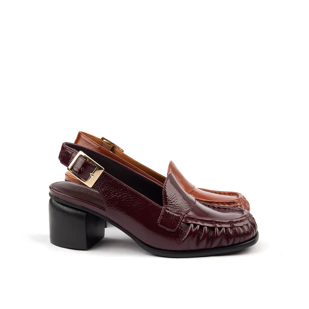Women's Crinkled Patent Leather Slingback Loafer Heels with Gold Buckle & Block Heel