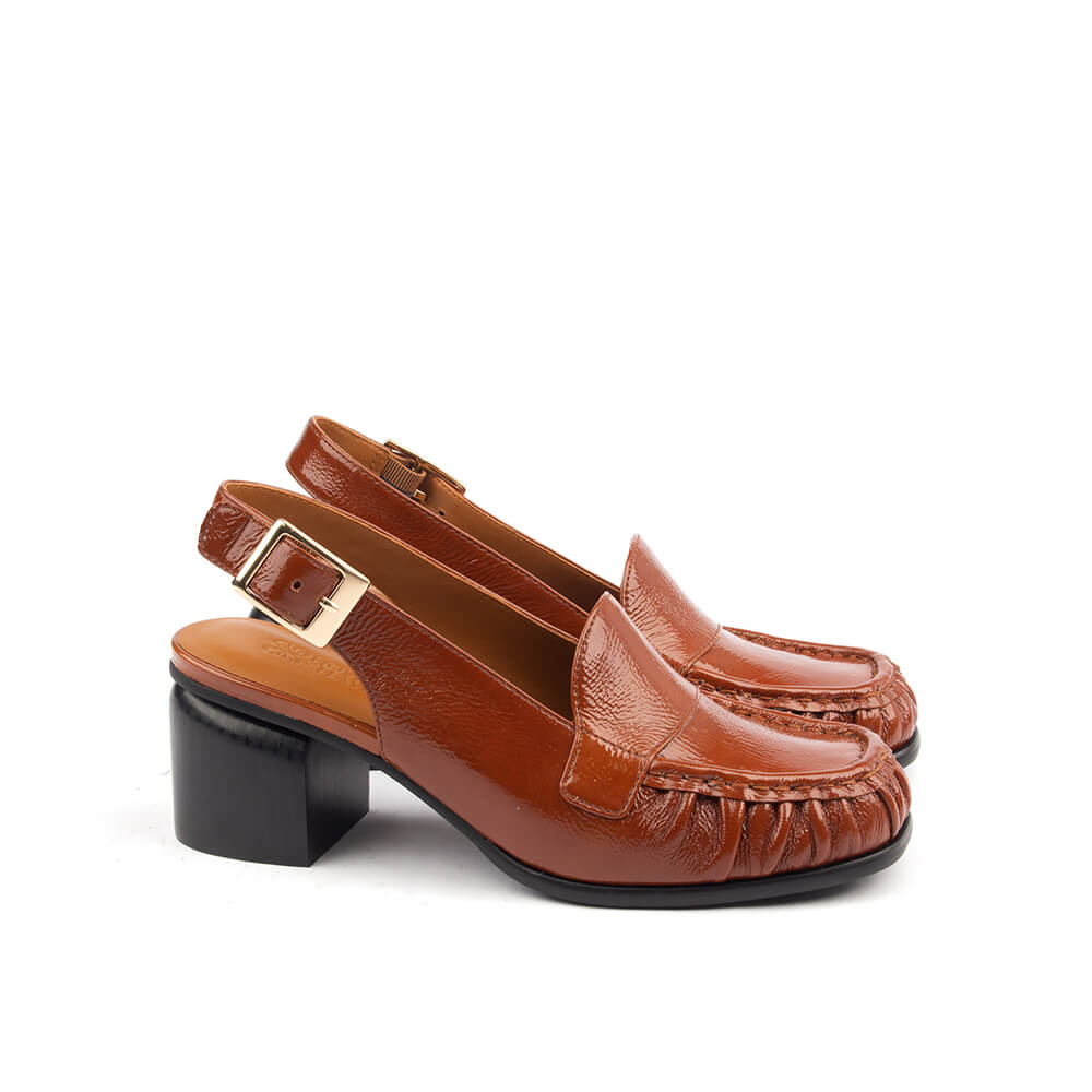 Women's Crinkled Patent Leather Slingback Loafer Heels with Gold Buckle & Block Heel