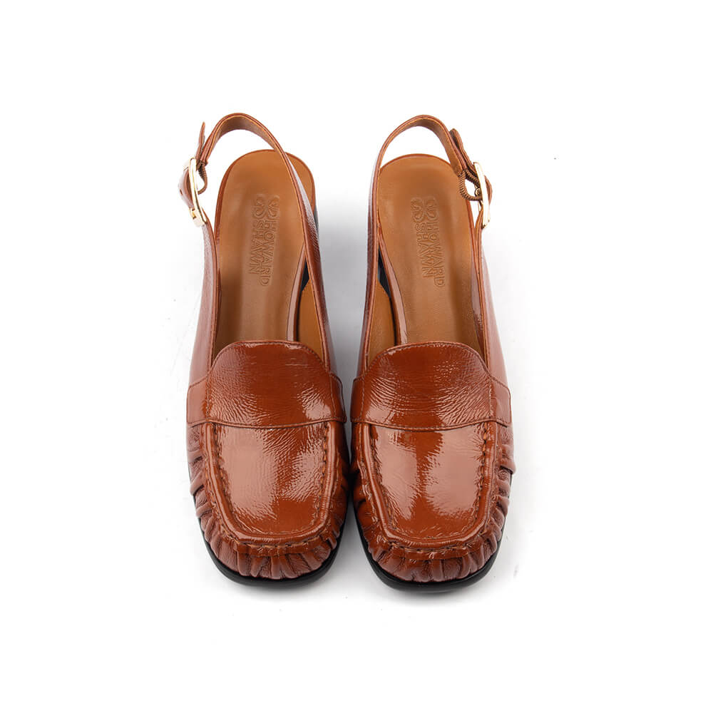 Women's Crinkled Patent Leather Slingback Loafer Heels with Gold Buckle & Block Heel