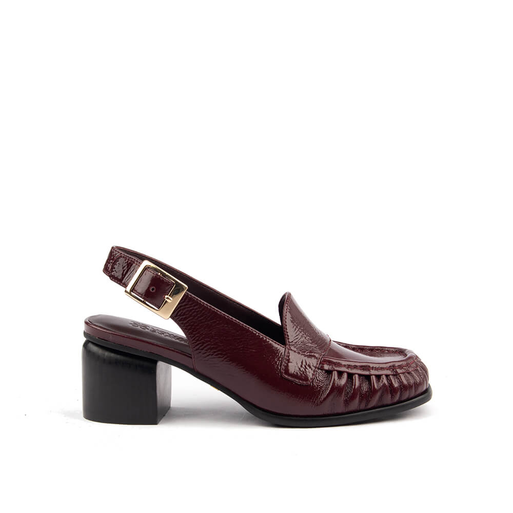 Women's Crinkled Patent Leather Slingback Loafer Heels with Gold Buckle & Block Heel