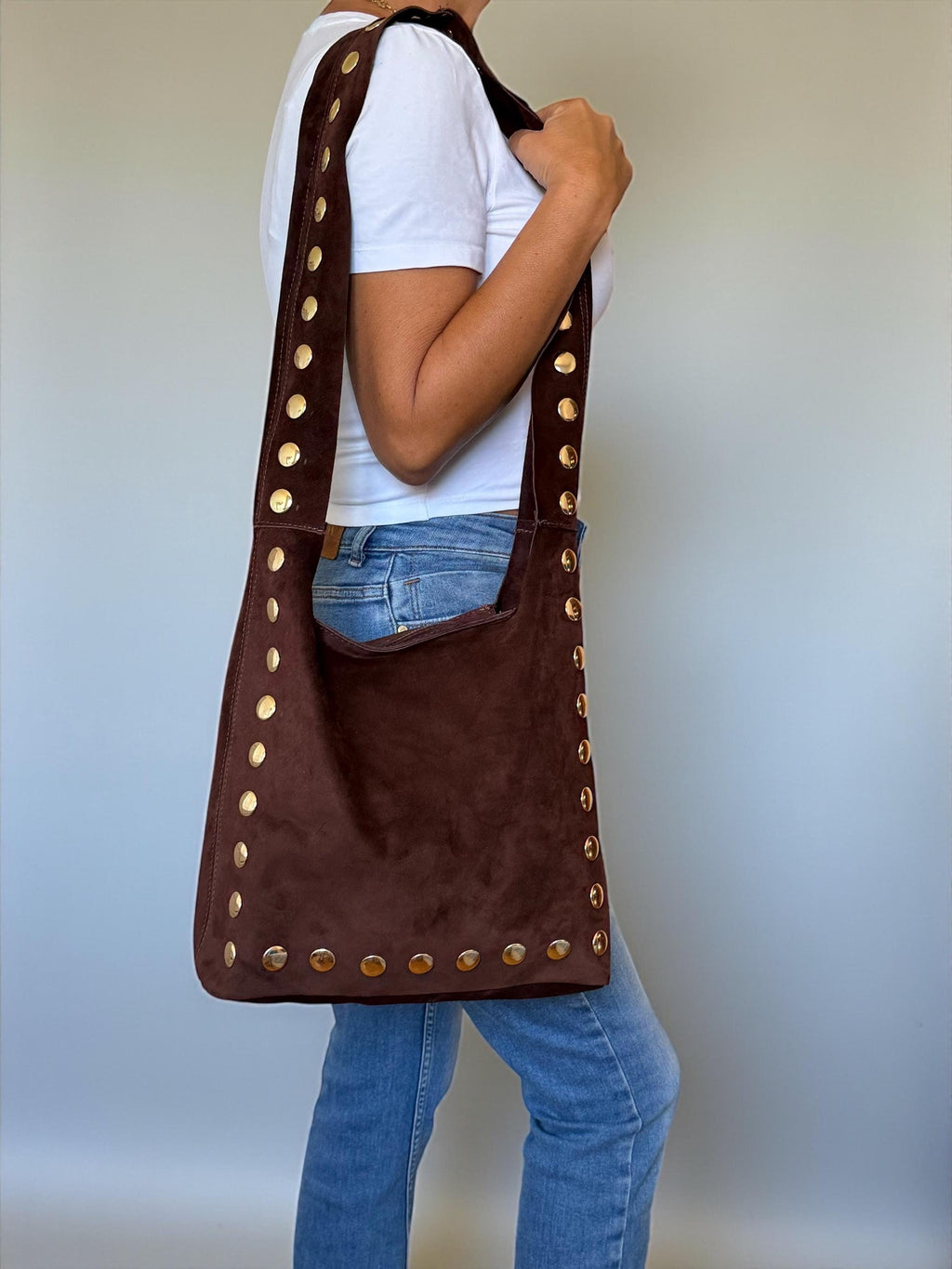 Large Studded Suede Shoulder Bag | Gold-Studded Boho Hobo Bag