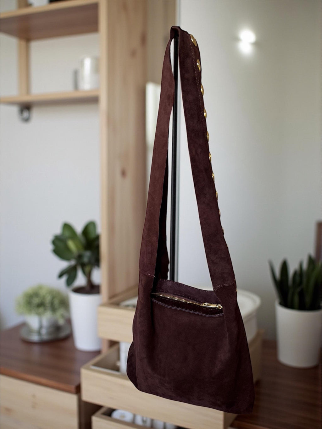 Large Studded Suede Shoulder Bag | Gold-Studded Boho Hobo Bag