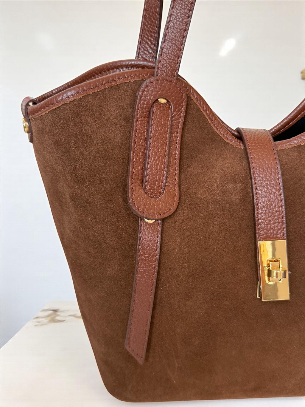 Brown Leather & Suede Trapezoid Shopper | Handcrafted Italian Work Tote
