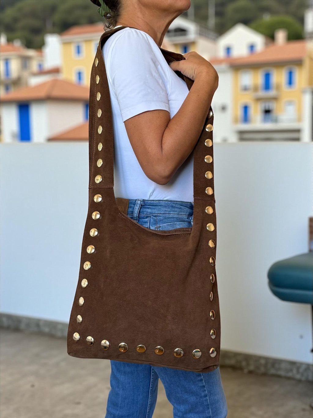 Large Studded Suede Shoulder Bag | Gold-Studded Boho Hobo Bag