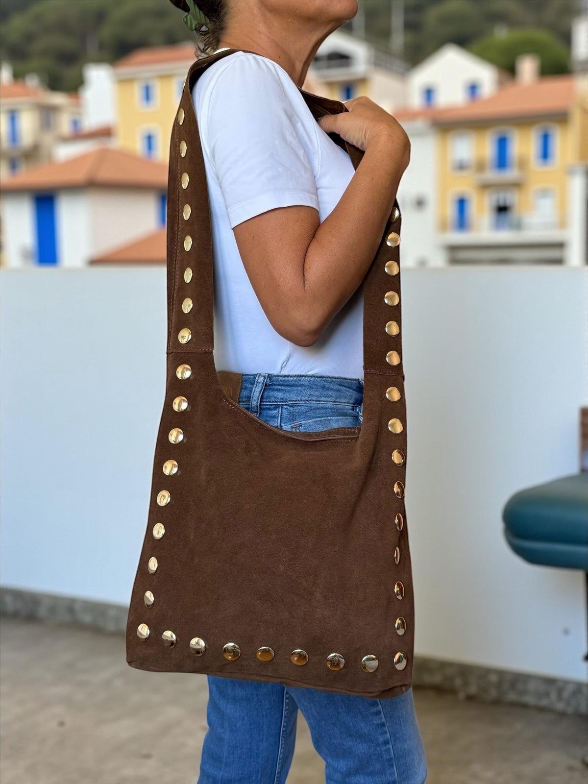 Large Studded Suede Shoulder Bag | Gold-Studded Boho Hobo Bag