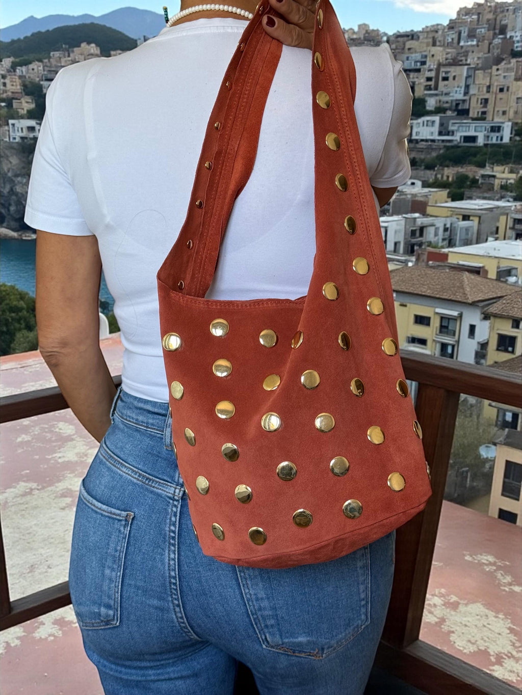 Suede Shoulder Bag with Oversized Studs | Terracotta Italian Handbag