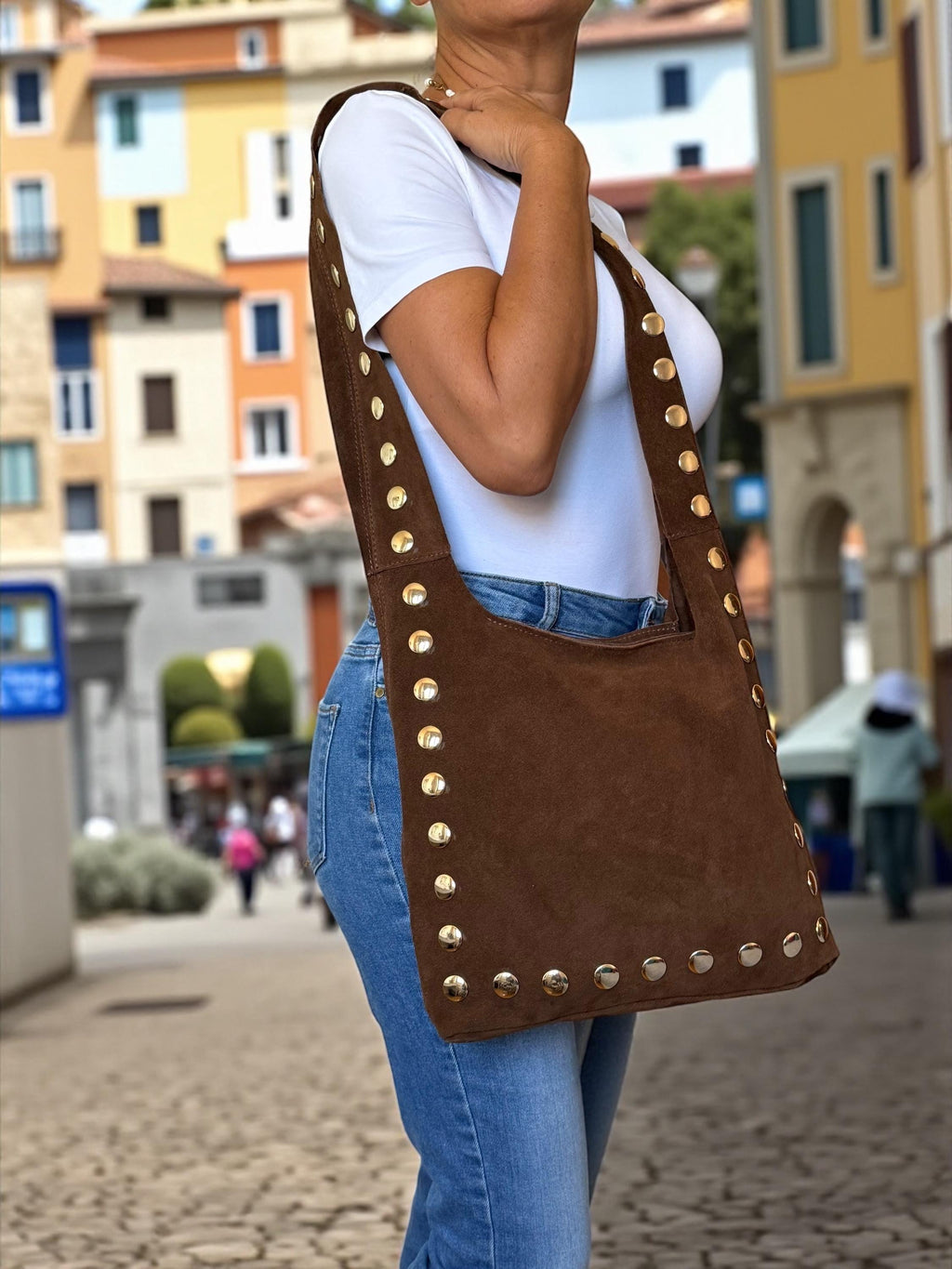 Large Studded Suede Shoulder Bag | Gold-Studded Boho Hobo Bag