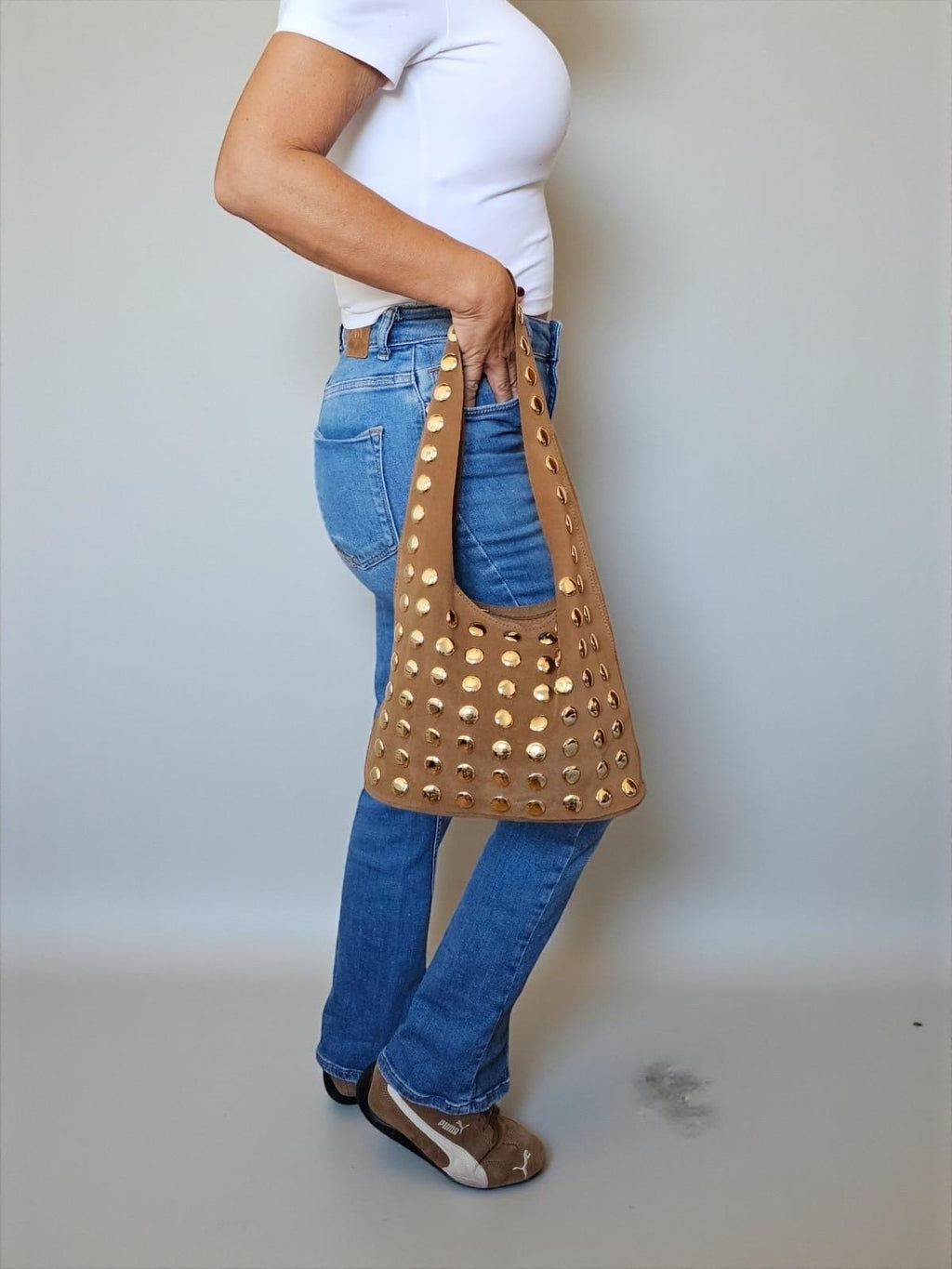 Extra Soft and Flexible Suede Shoulder Bag with Gold Studs