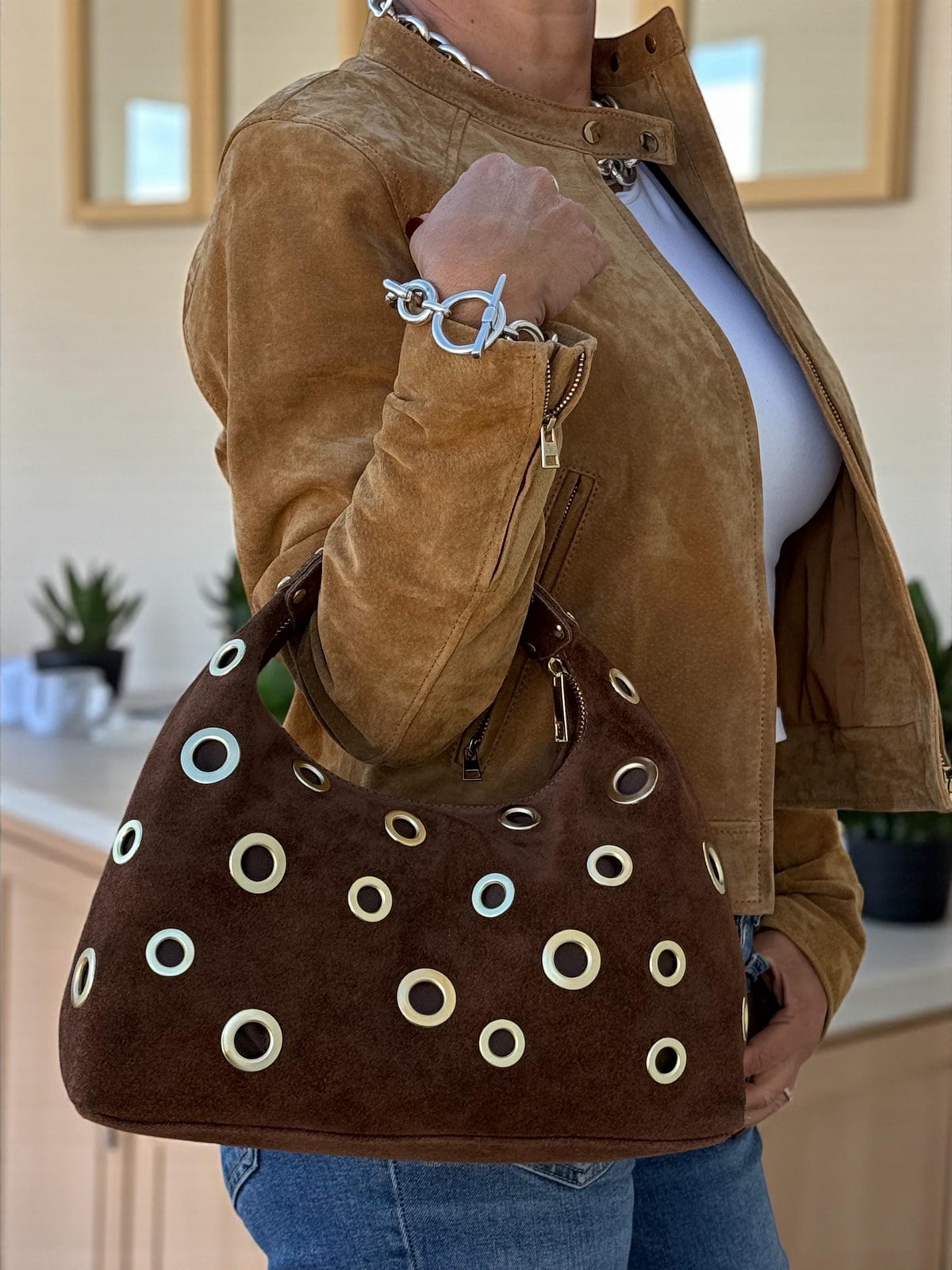 Brown Suede Shoulder Bag with Gold Eyelets