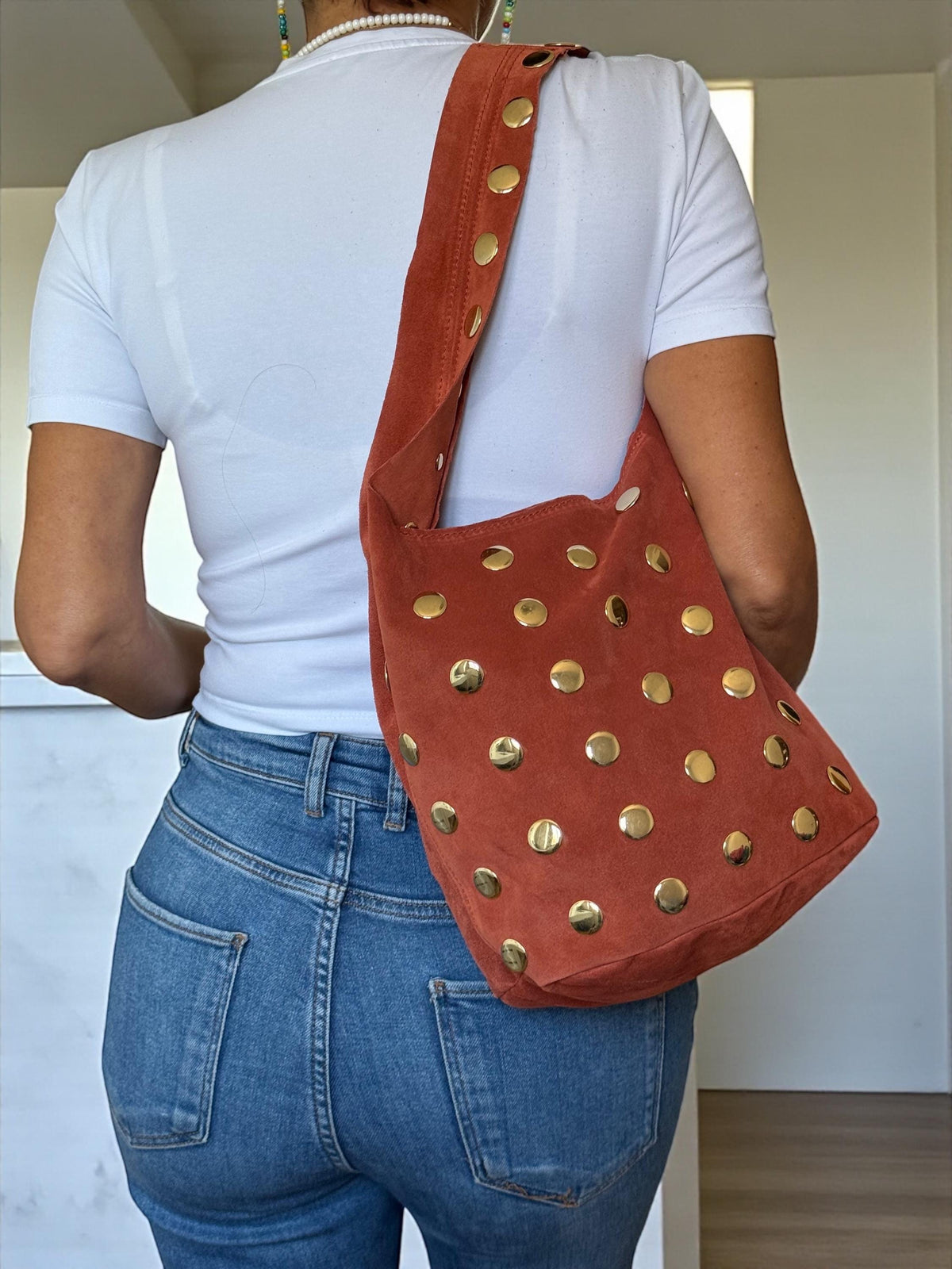 Suede Shoulder Bag with Oversized Studs | Terracotta Italian Handbag