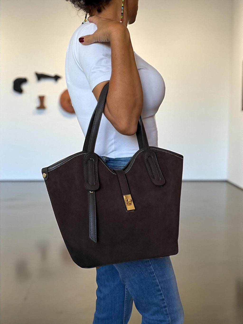 Brown Leather & Suede Trapezoid Shopper | Handcrafted Italian Work Tote