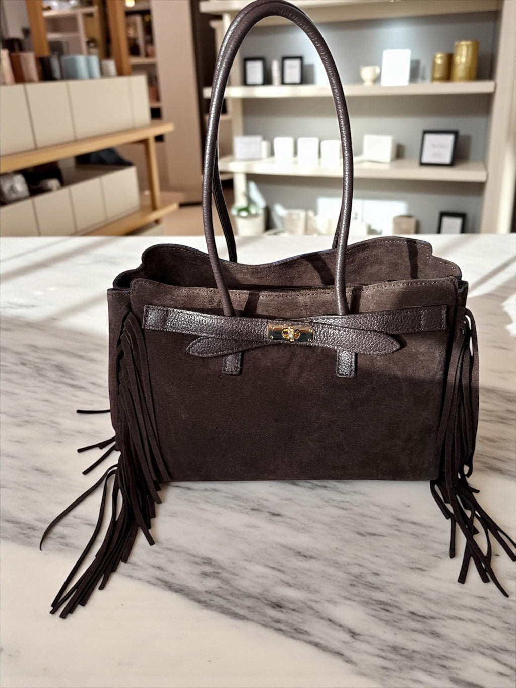 Dark Brown Suede Fringe Handbag | Italian Leather Boho Tote