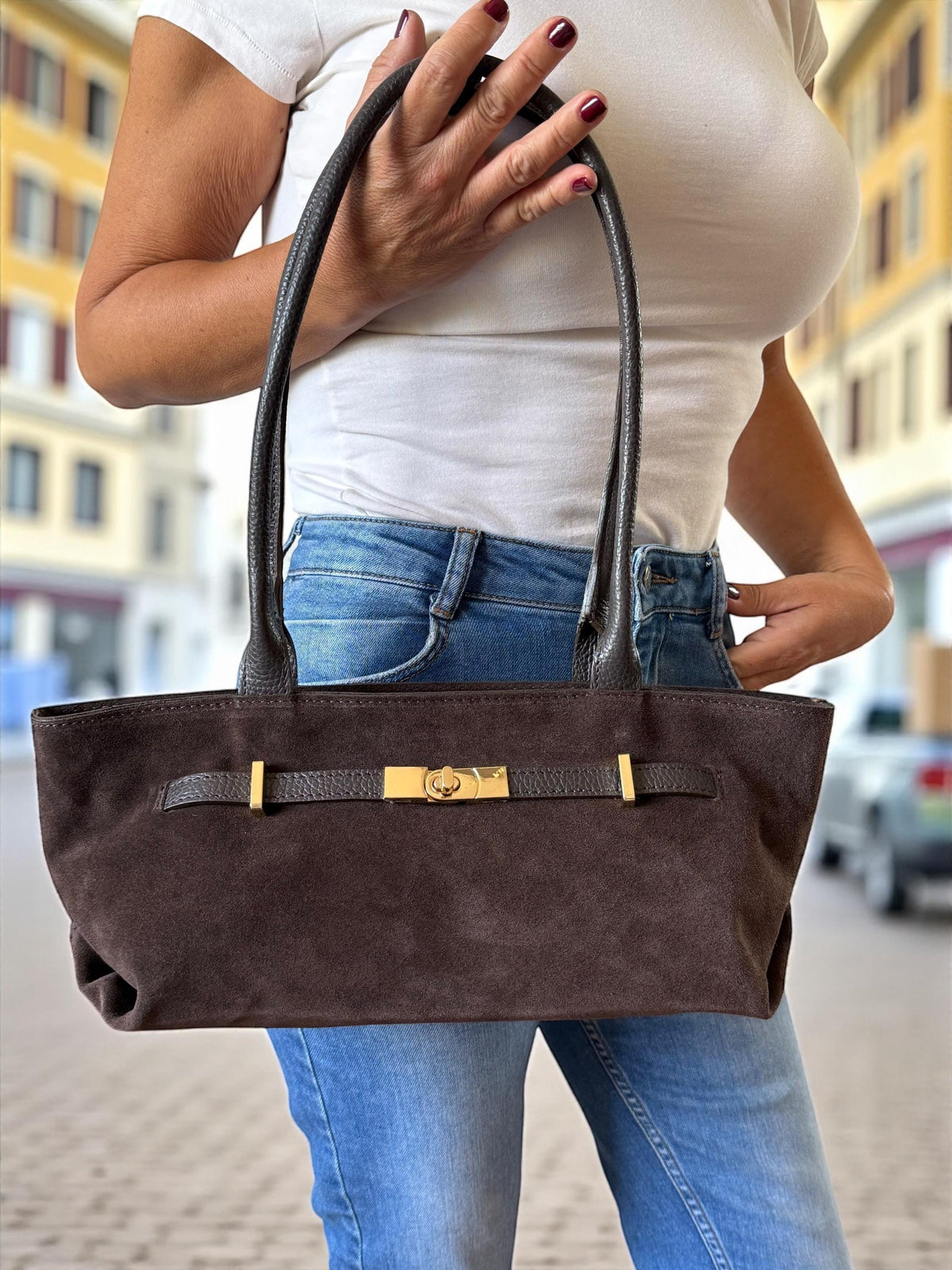 Dark Brown Genuine Suede Baguette