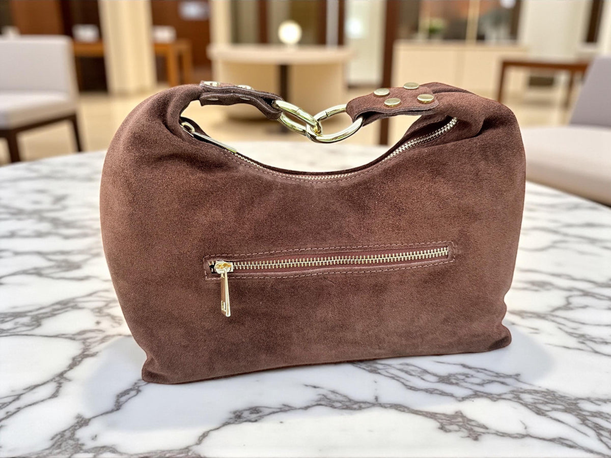 Brown Suede Shoulder Bag with Gold Eyelets
