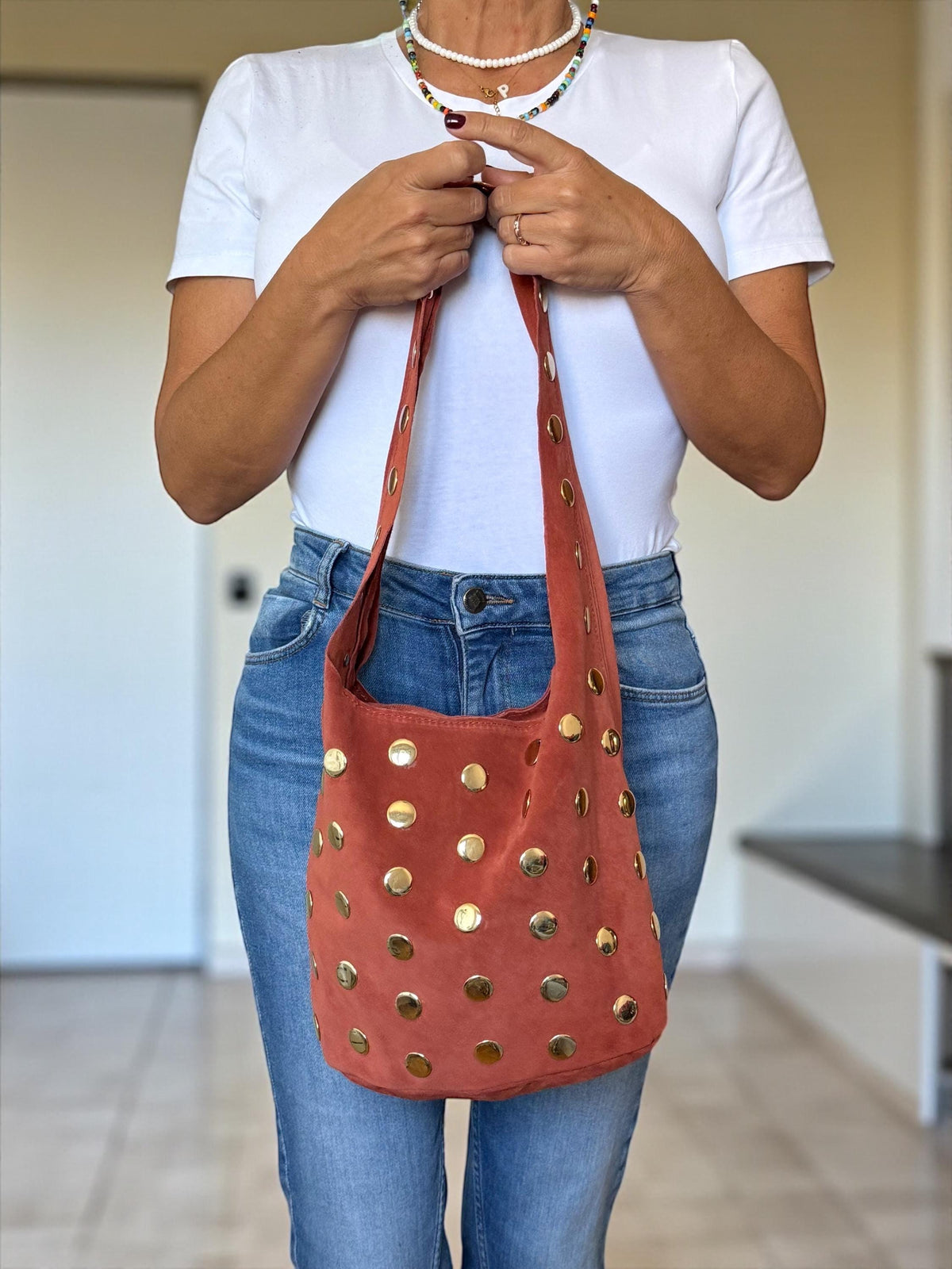Suede Shoulder Bag with Oversized Studs | Terracotta Italian Handbag