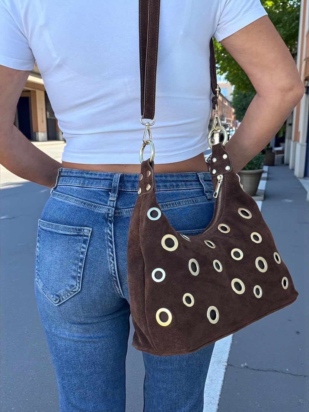 Brown Suede Shoulder Bag with Gold Eyelets