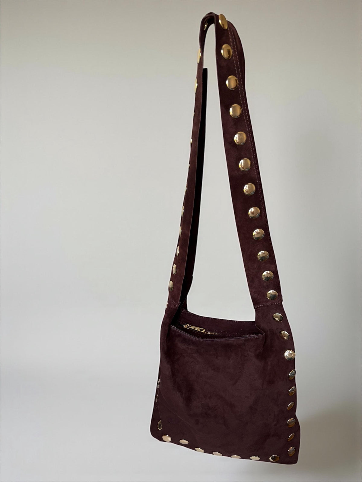 Large Studded Suede Shoulder Bag | Gold-Studded Boho Hobo Bag