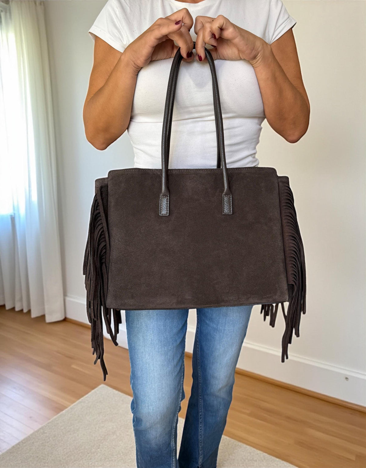 Dark Brown Suede Fringe Handbag | Italian Leather Boho Tote