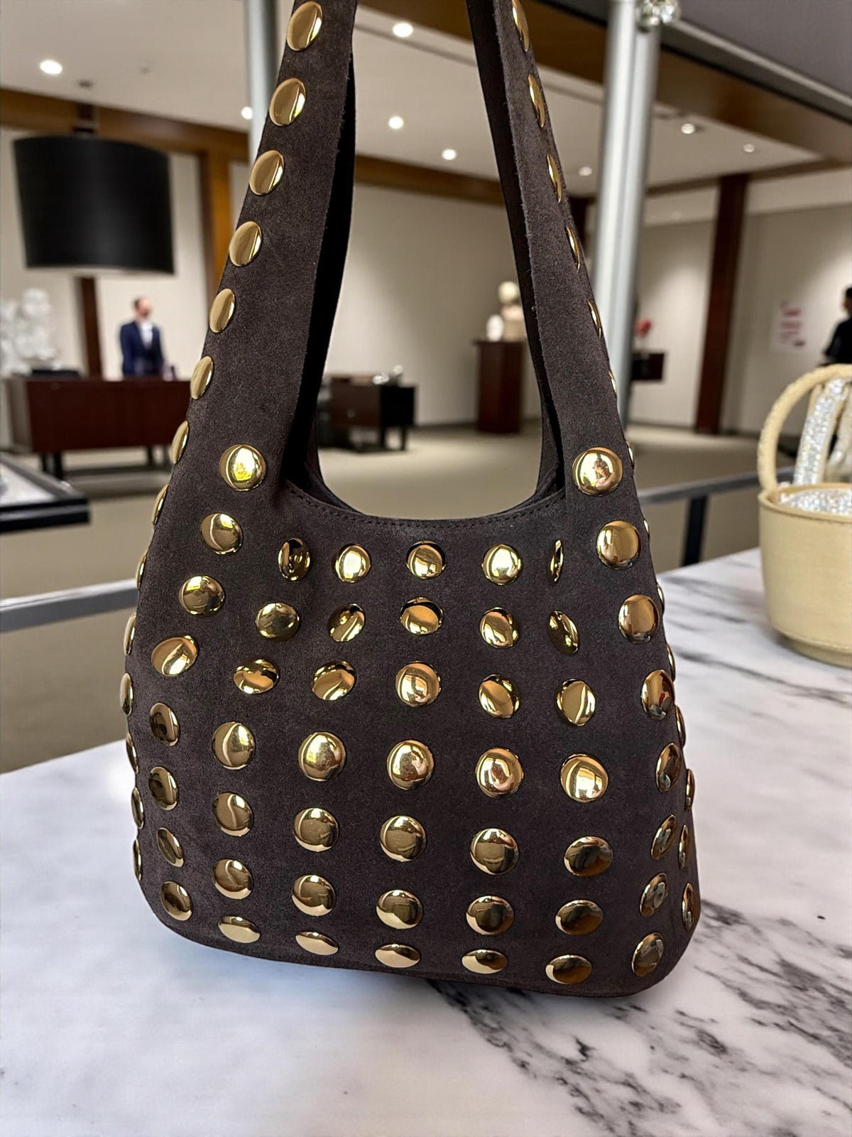 Extra Soft and Flexible Suede Shoulder Bag with Gold Studs