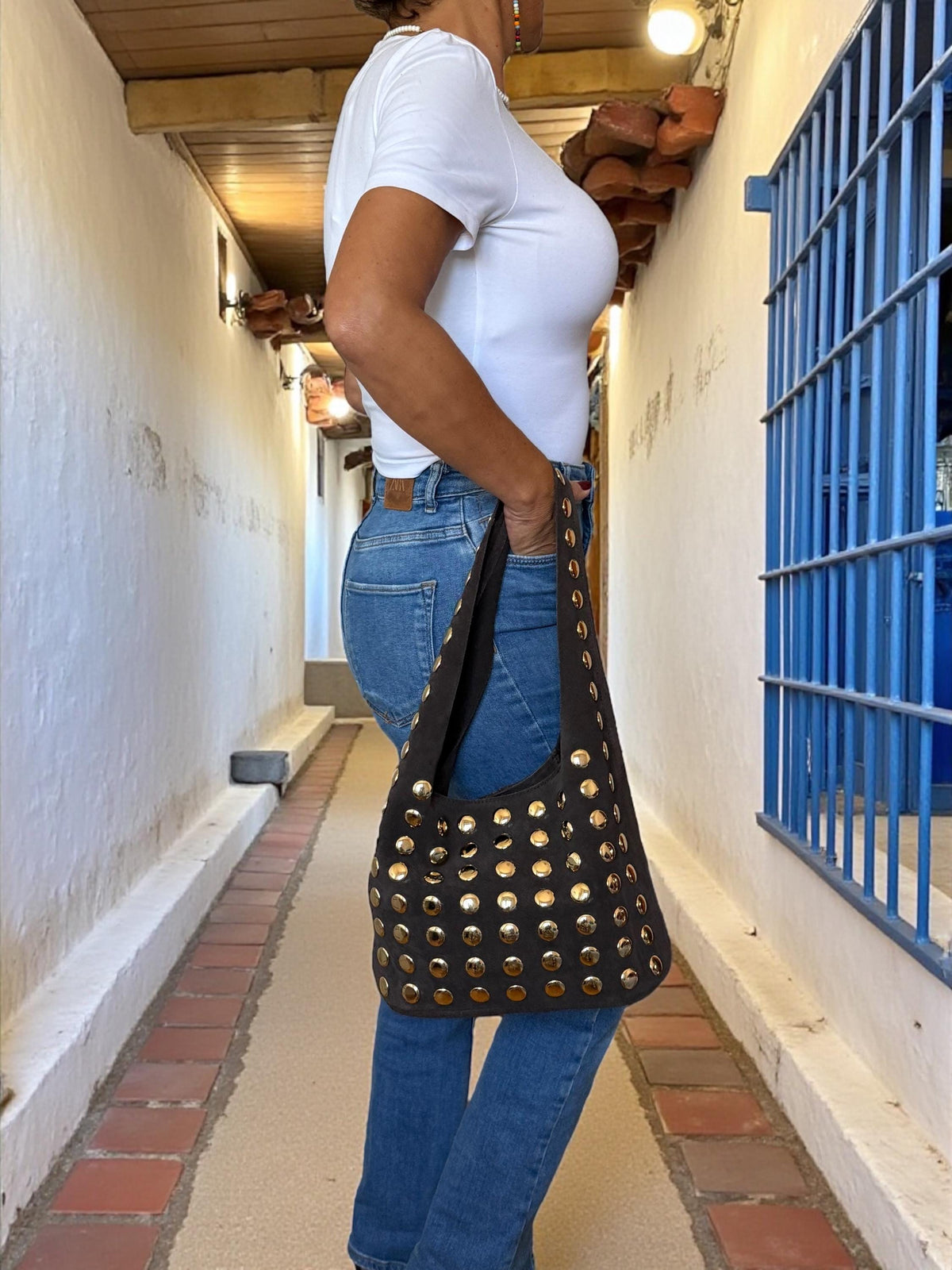 Extra Soft and Flexible Suede Shoulder Bag with Gold Studs