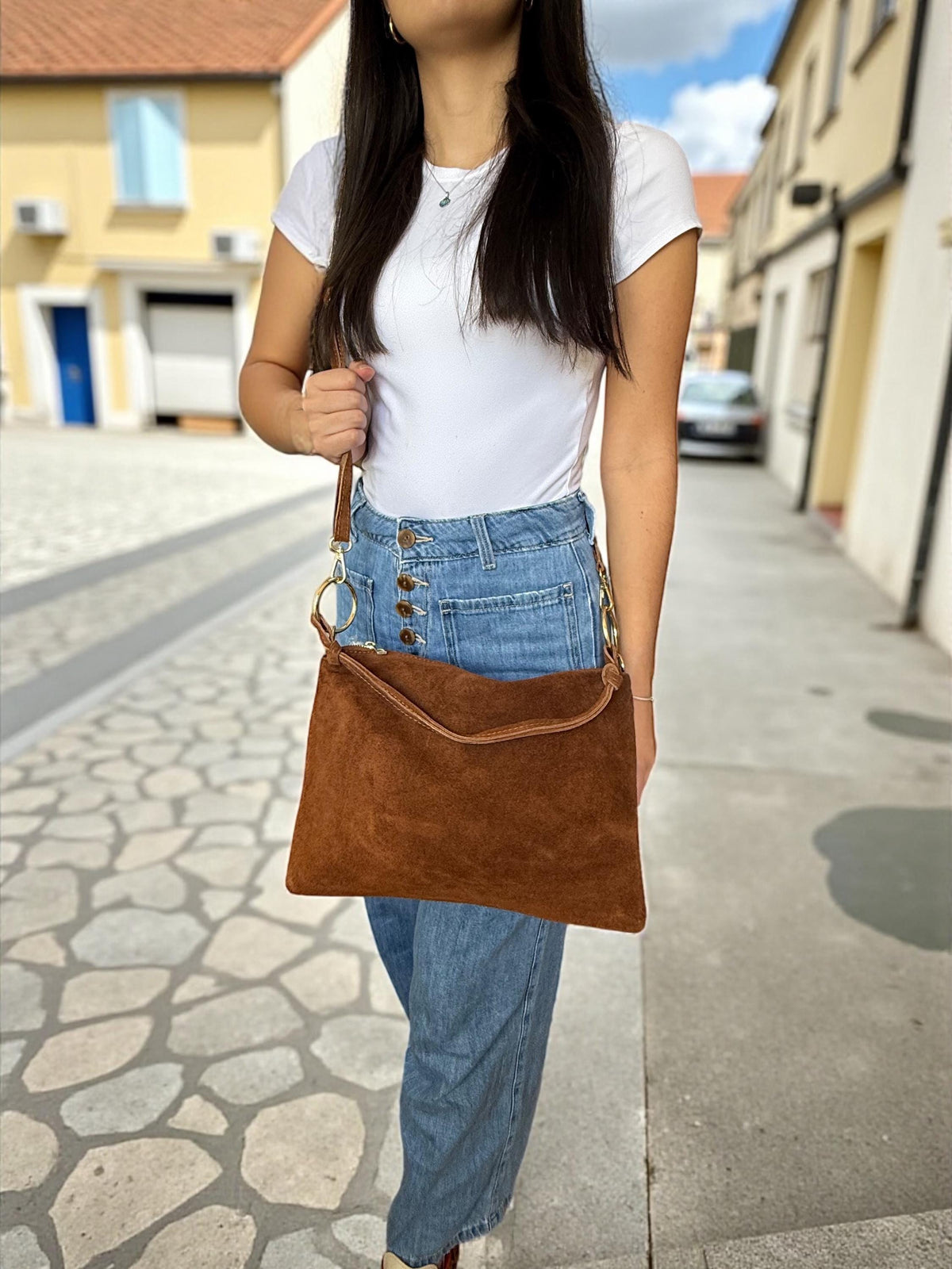 Suede Shoulder Boho Hobo Bag with Gold Rings & Knotted Strap | Quiet Luxury