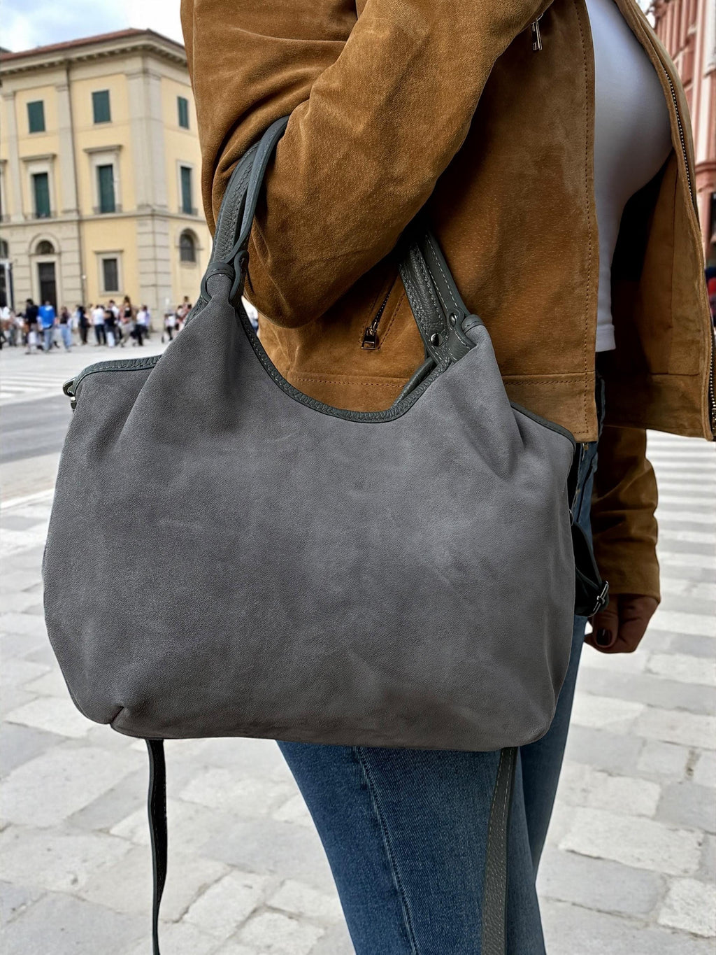 Grey Suede and Leather Shopper Bag