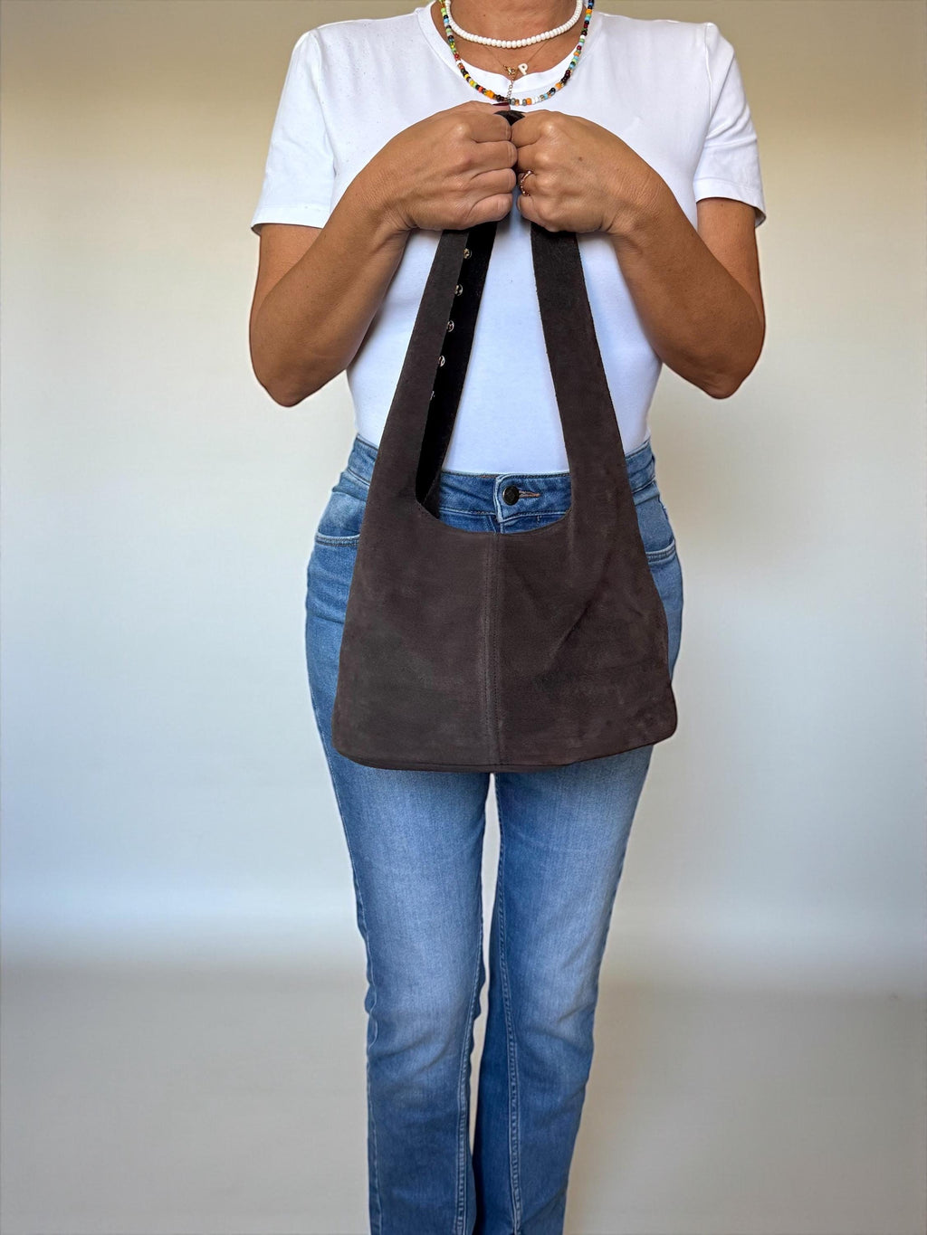 Extra Soft and Flexible Suede Shoulder Bag with Gold Studs