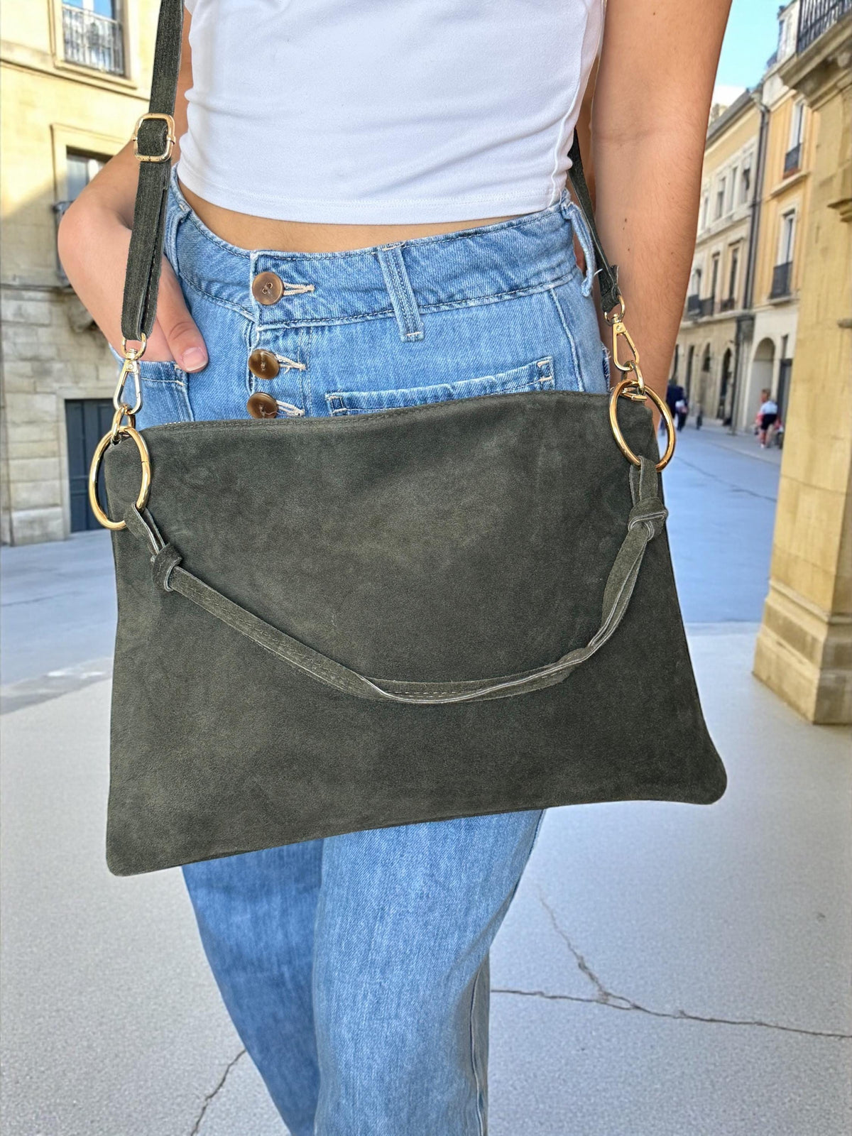 Suede Shoulder Boho Hobo Bag with Gold Rings & Knotted Strap | Quiet Luxury