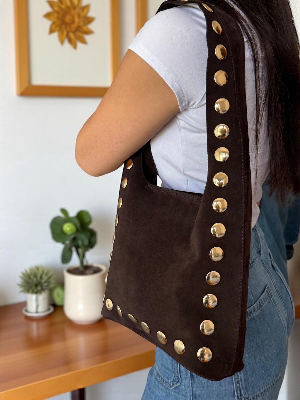 Ultra-Soft & Flexible Suede Studded Shoulder Tote Bag