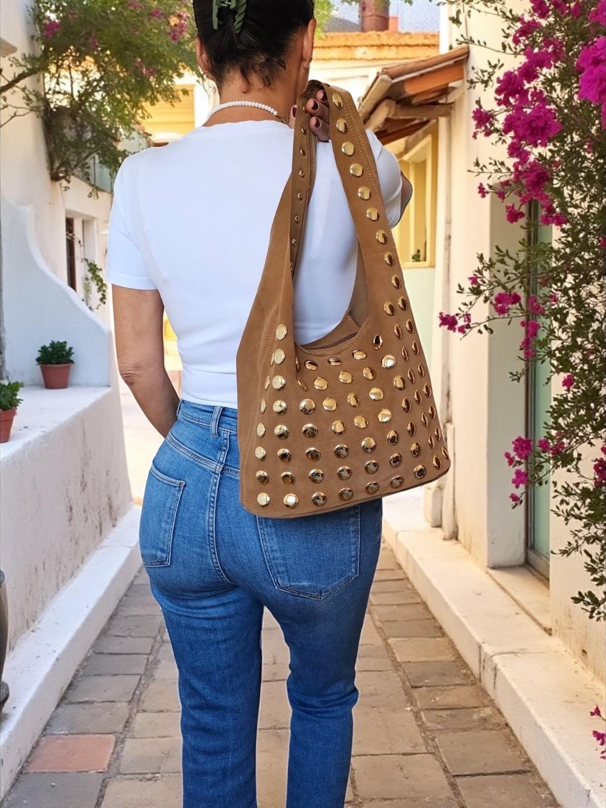 Extra Soft and Flexible Suede Shoulder Bag with Gold Studs