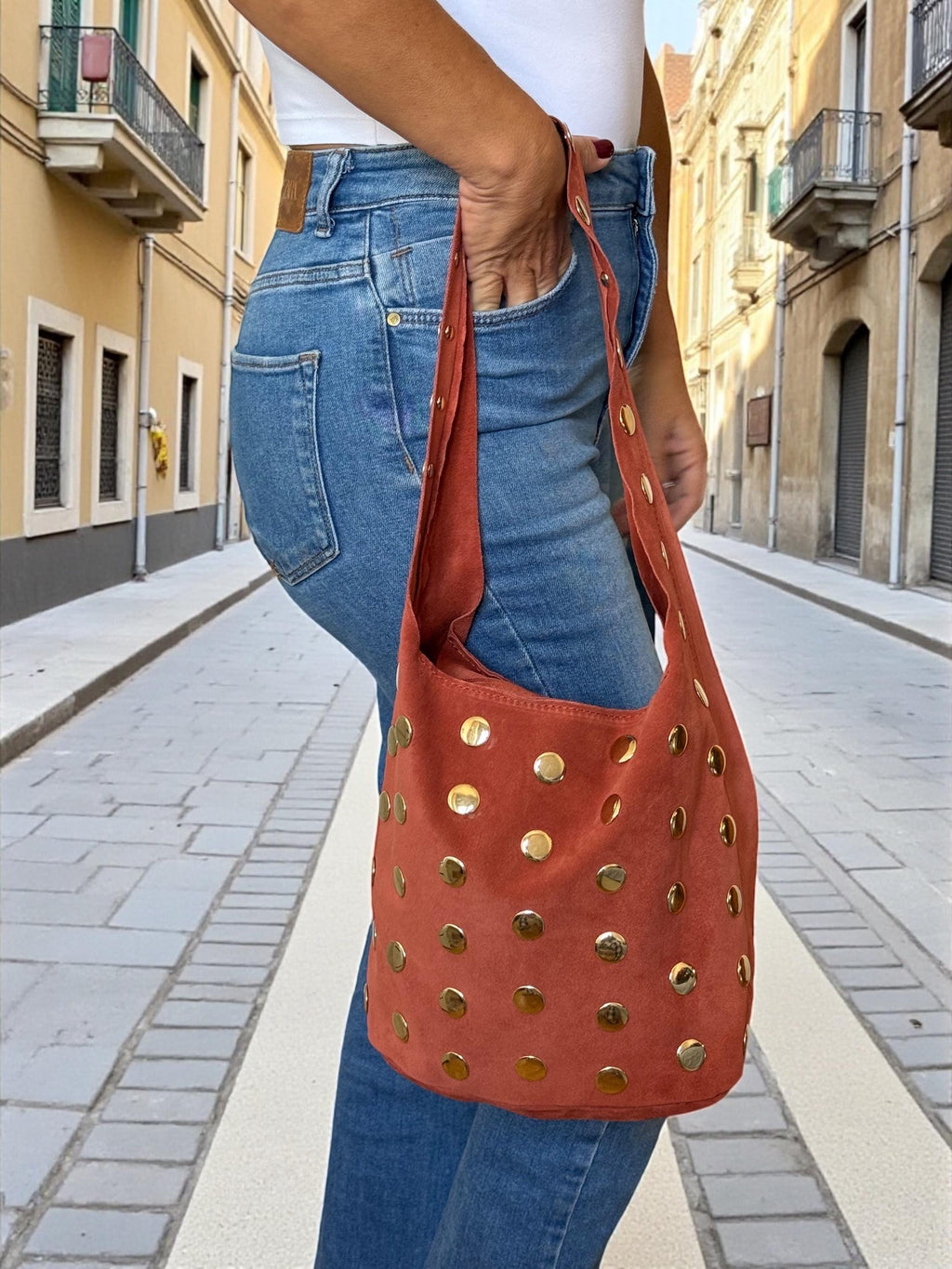Suede Shoulder Bag with Oversized Studs | Terracotta Italian Handbag