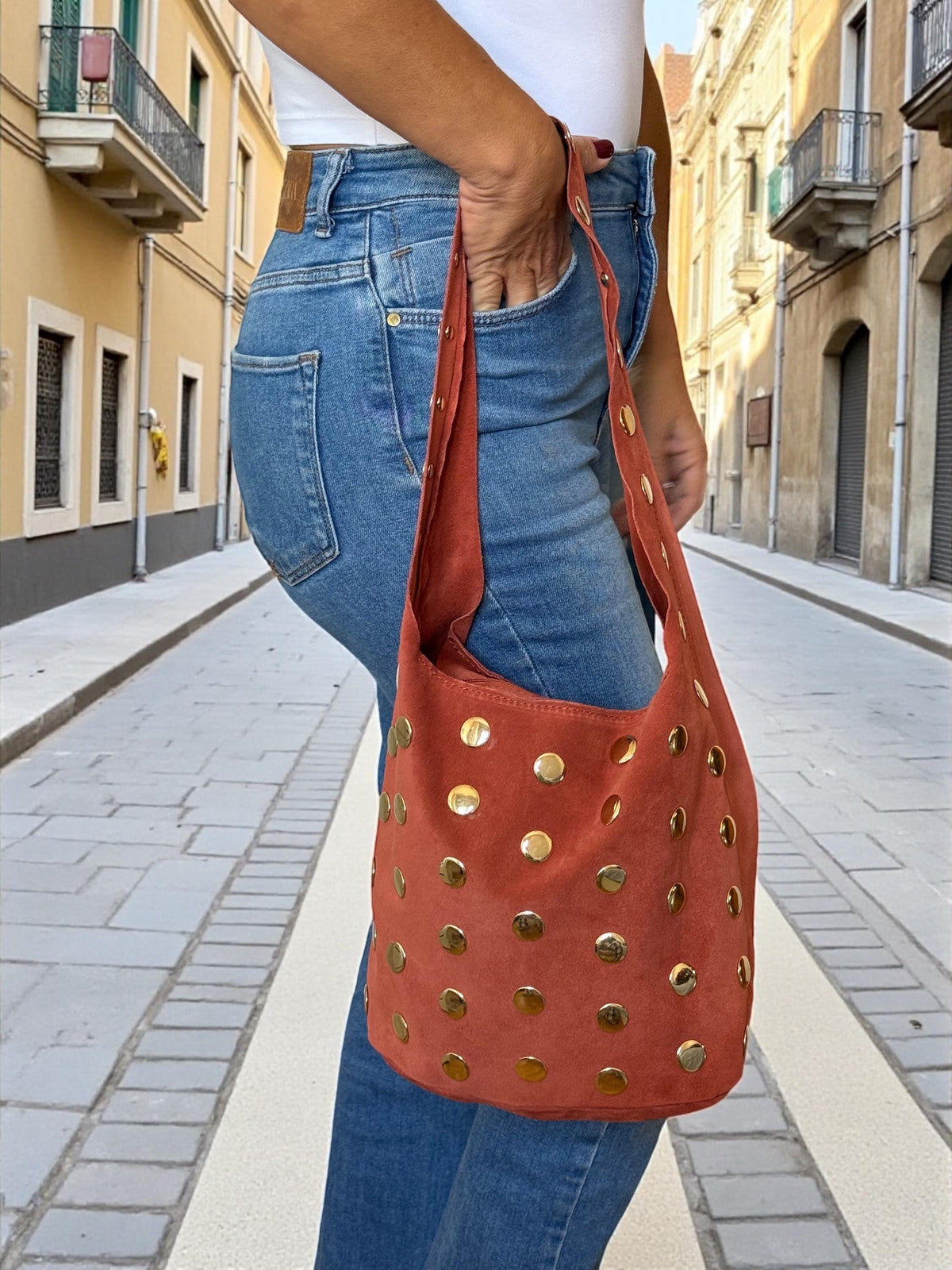 Suede Shoulder Bag with Oversized Studs | Terracotta Italian Handbag