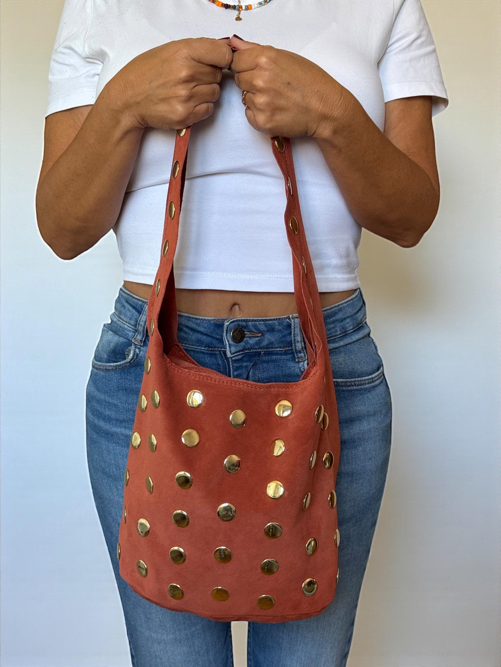 Suede Shoulder Bag with Oversized Studs | Terracotta Italian Handbag
